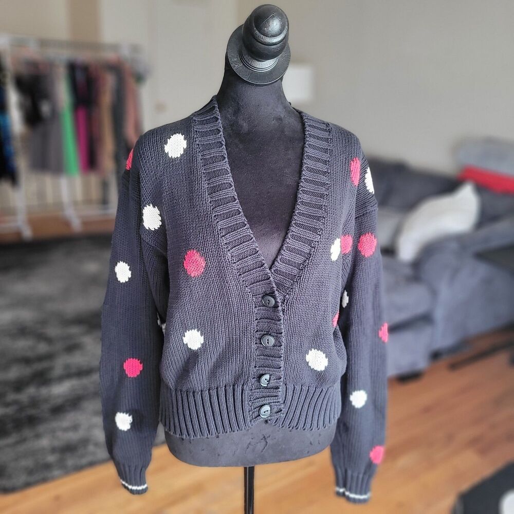 Liz Claiborne Women's Polkadot Navy Blue Red and White Cardigan Sweater Size M
